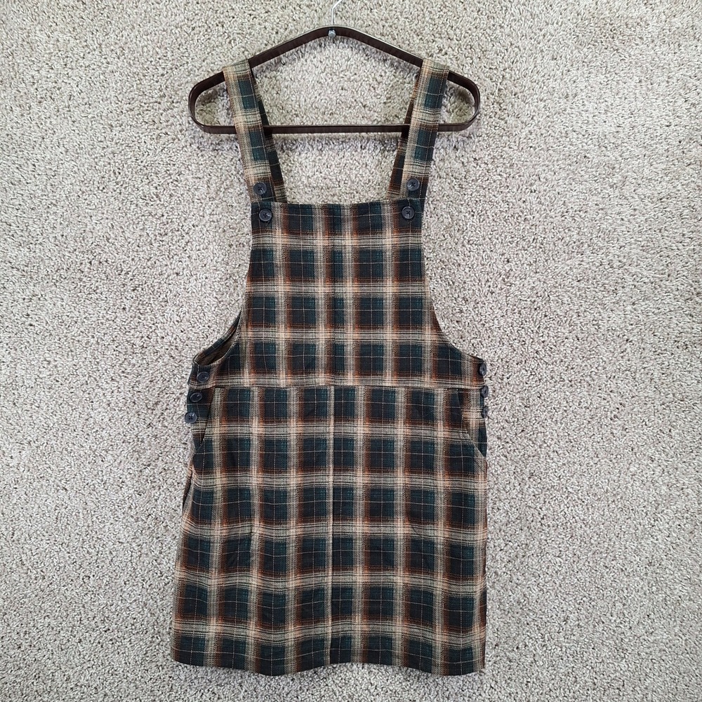 SO Overall Pinafore Dress Women M Brown Plaid Sleeveless Mini Pocket Preppy Boho